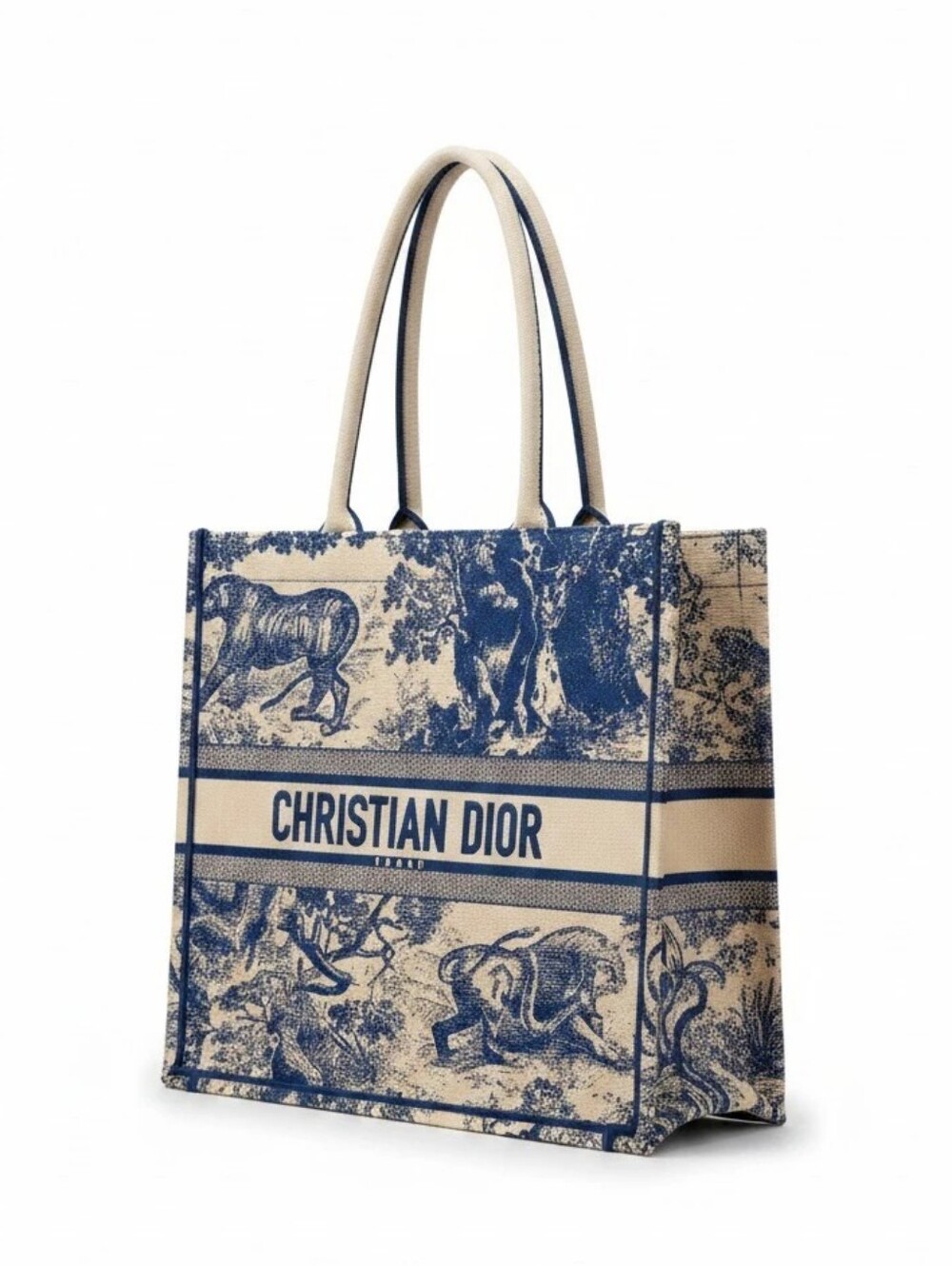 Dior Blue and Cream Straw Tote Bag